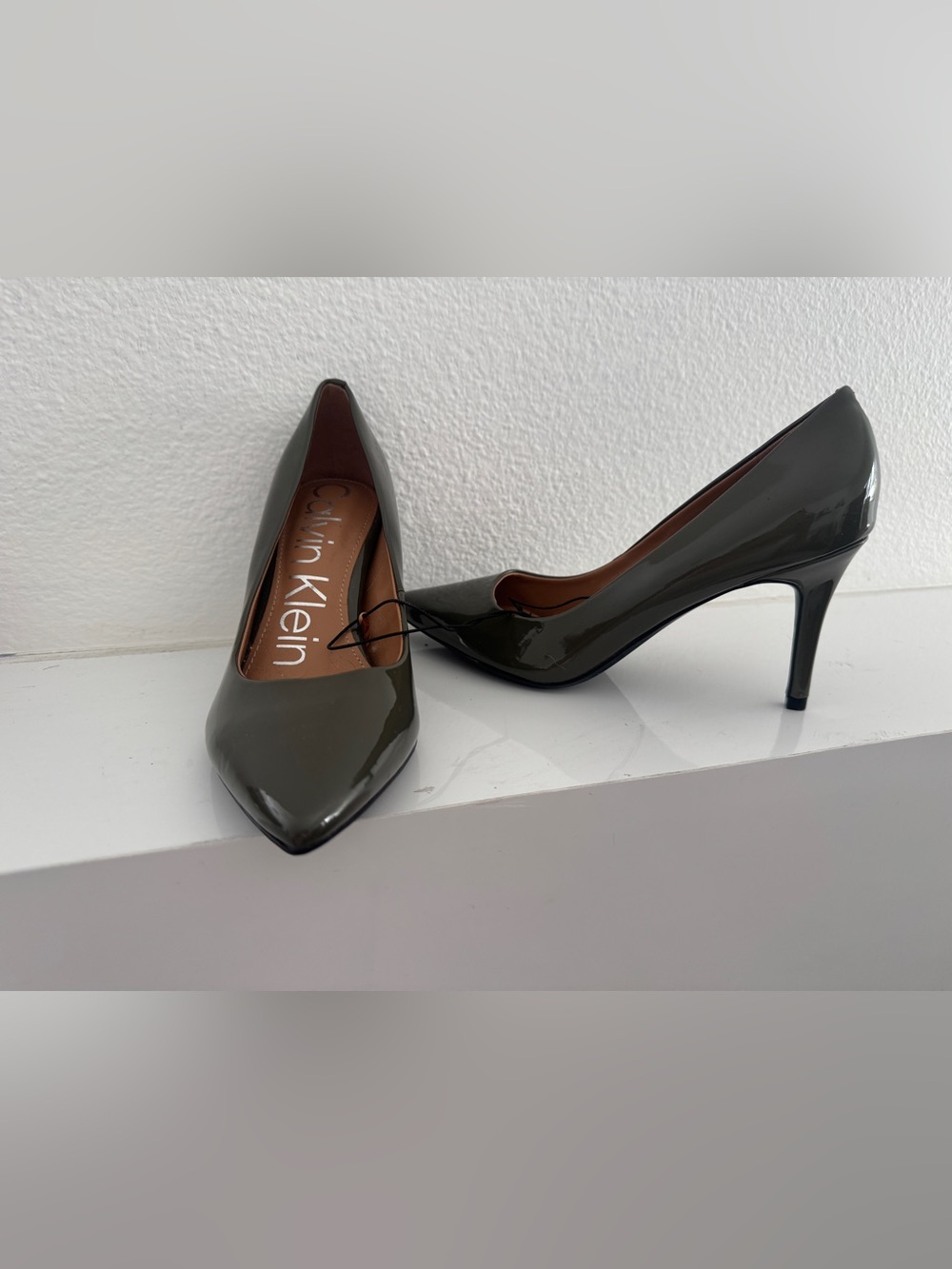 Calvin Klein Olive Patent Pointed-Toe Pumps with Sleek Silhouette